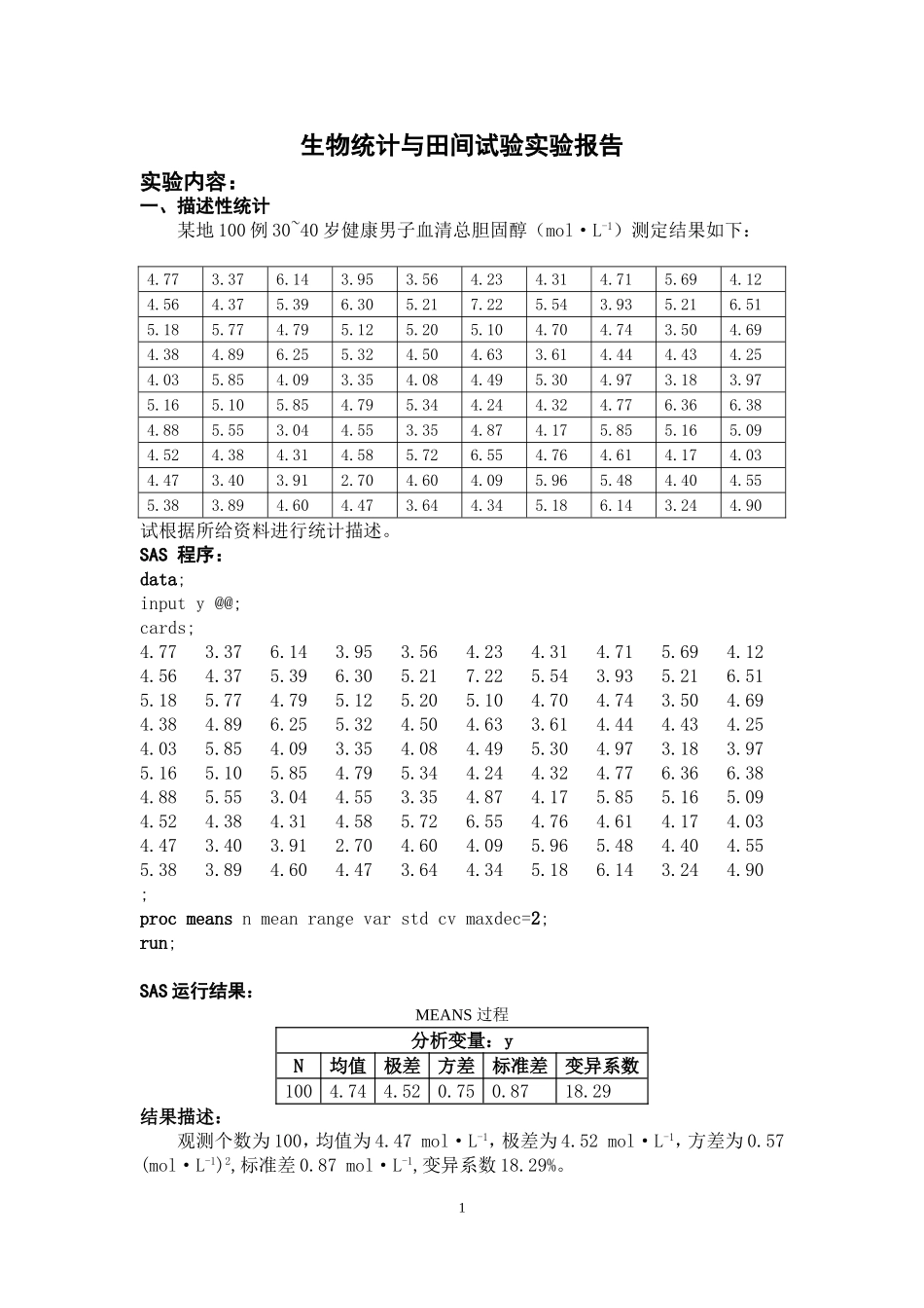 田间统计实验SAS作业_第1页