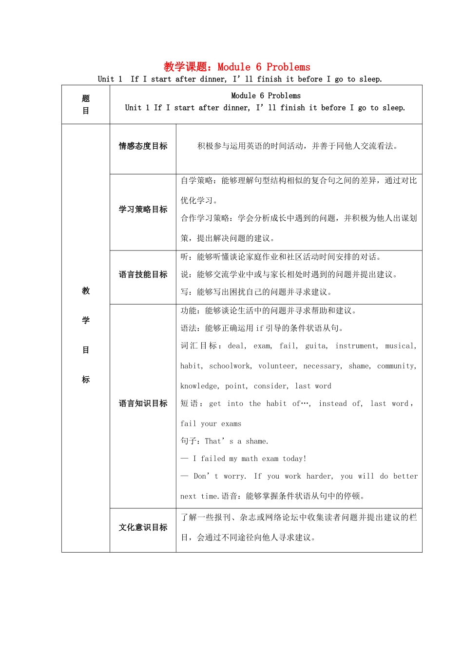 学年九年级英语上册 Module 6 Problems Unit 1 If I start after dinner，I’ll finish it before I go to sleep教案 （新版）外研版-（新版）外研版初中九年级上册英语教案_第1页