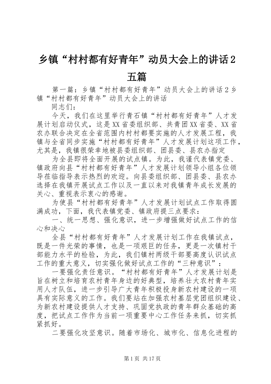乡镇“村村都有好青年”动员大会上的讲话发言2五篇_第1页