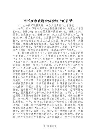 市长在市政府全体会议上的讲话发言