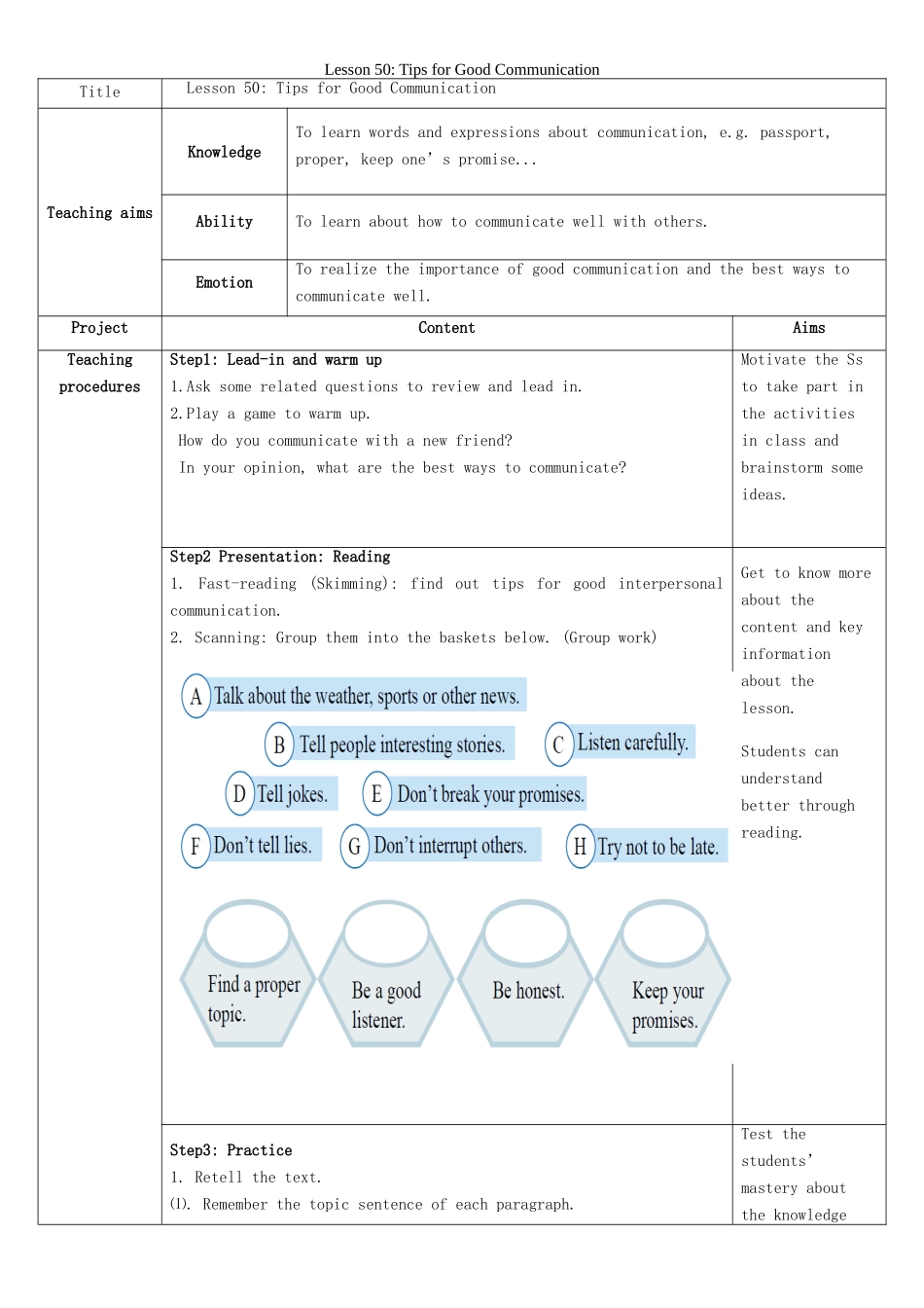 九年级英语下册 Unit 9 Lesson50 Tips for Good Communication教学设计 （新版）冀教版_第1页