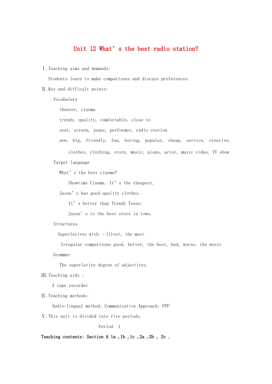 八年级英语上册 Unit 12《What's the best radio station》教案 人教新目标版_第1页