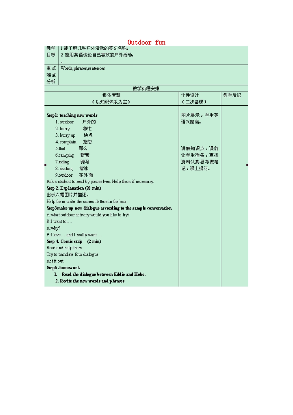 七年级英语下册 Unit 6 Outdoor fun comic strip教案 （新版）牛津版-（新版）牛津版初中七年级下册英语教案_第1页