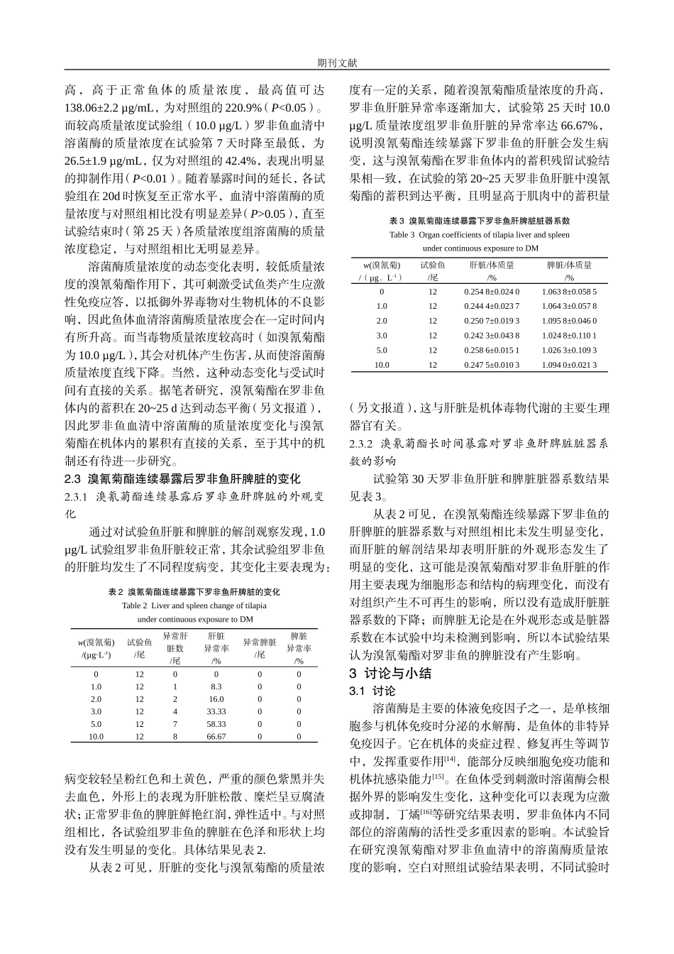溴氰菊酯对罗非鱼血清中溶菌酶质量浓度及肝脾脏影响_第3页