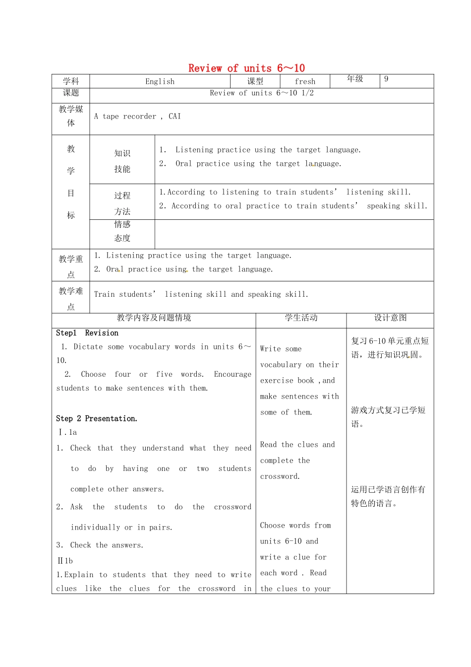 九年级英语全册 Review of Unit 6-10教案 人教新目标版-人教新目标版初中九年级全册英语教案_第1页