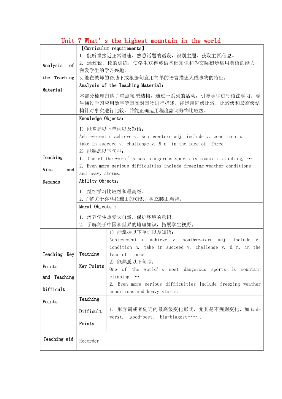 八年级英语下册《Unit 7 What’s the highest mountain in the world（第3课时）》教案 （新版）人教新目标版-（新版）人教新目标版初中八年级下册英语教案_第1页