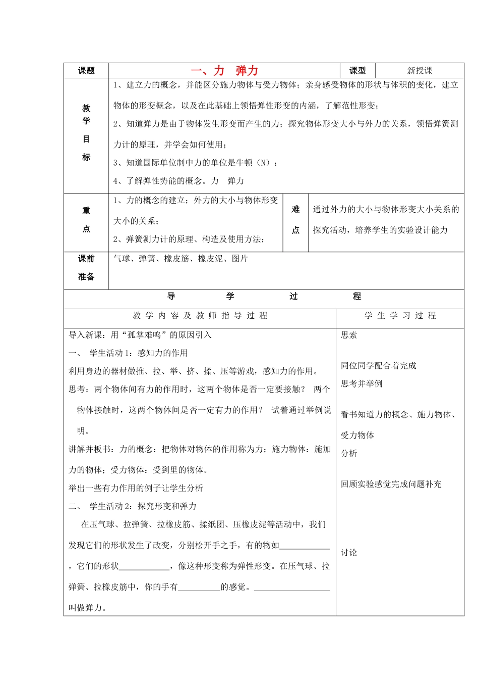 八年级物理下册 第八章《一 力  弹力》教案 苏科版-苏科版初中八年级下册物理教案_第1页