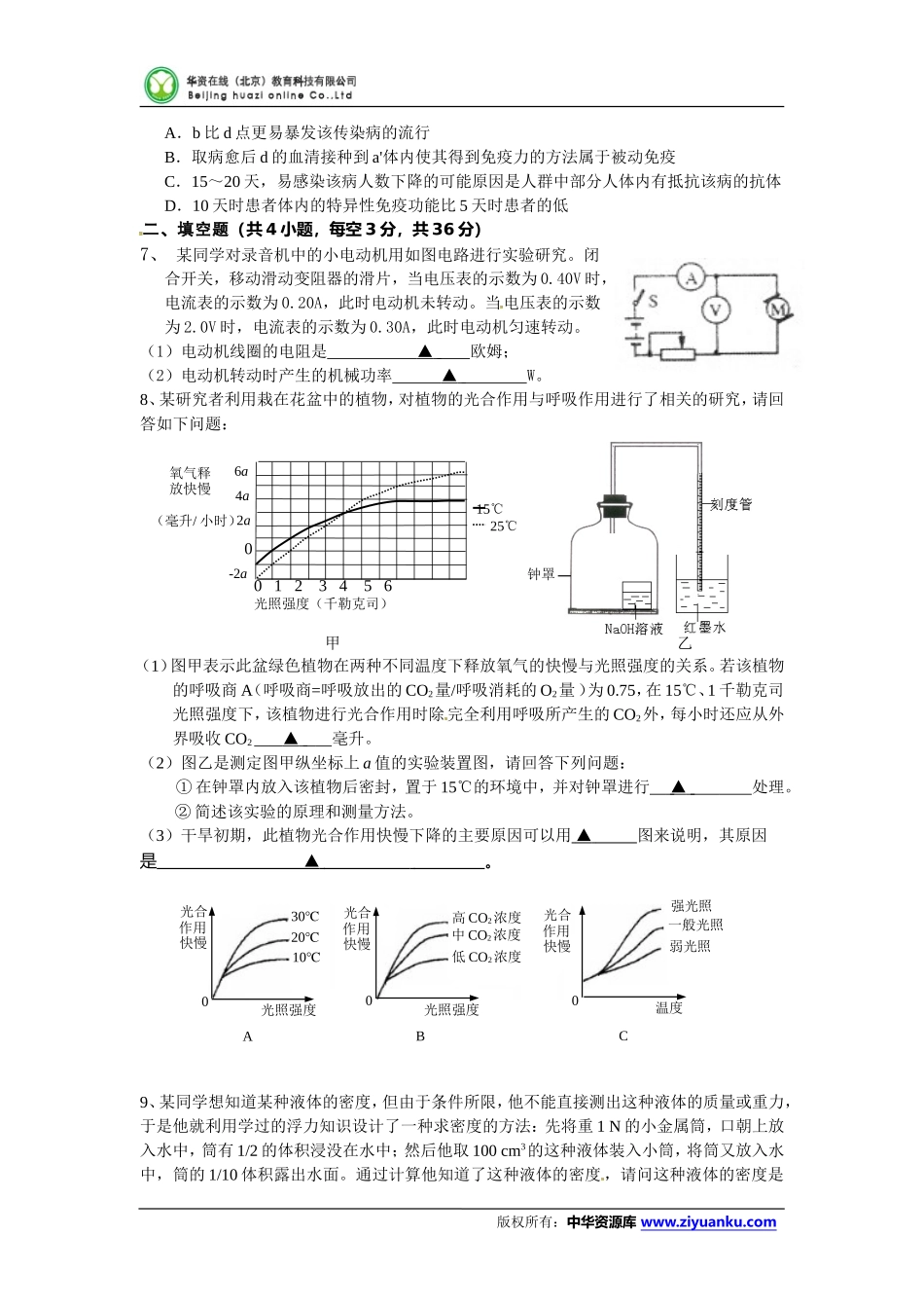 浙江省宁波市2015年普通高中保送生考试模拟卷科学试卷_第2页