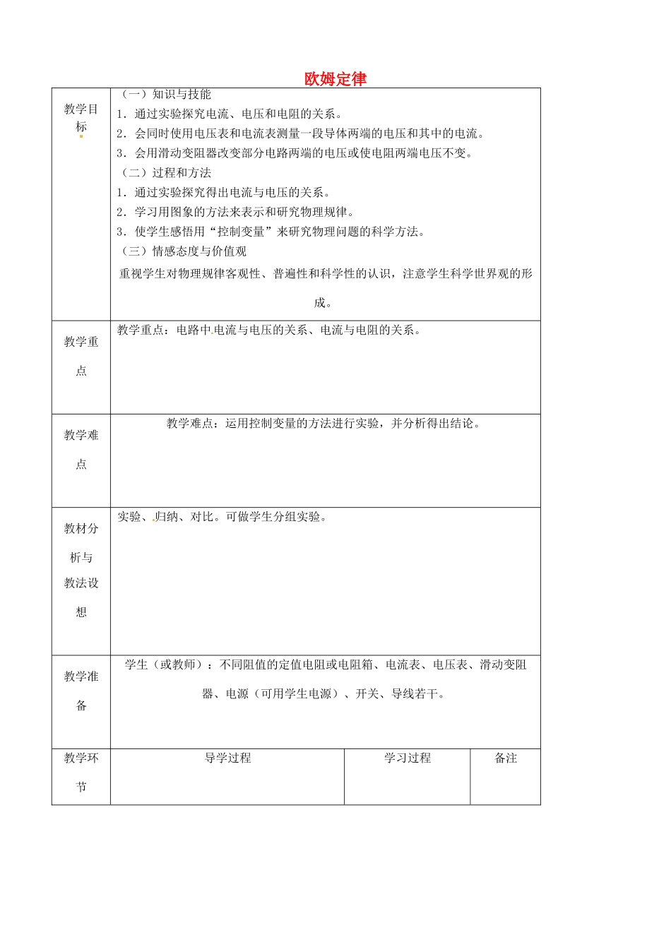 九年级物理全册《15.2 科学探究 欧姆定律》教案1 （新版）沪科版-（新版）沪科版初中九年级全册物理教案_第1页
