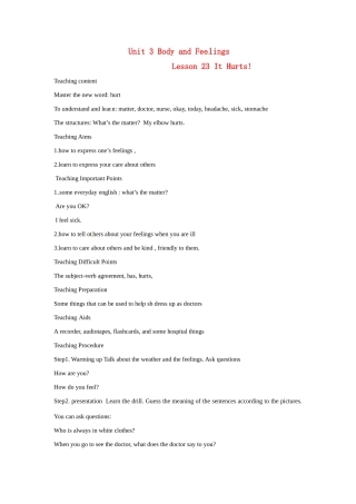 七年级英语上册 Unit 3 Lesson 23 It Hurts!-Lesson 24 Unit Review教案 冀教版