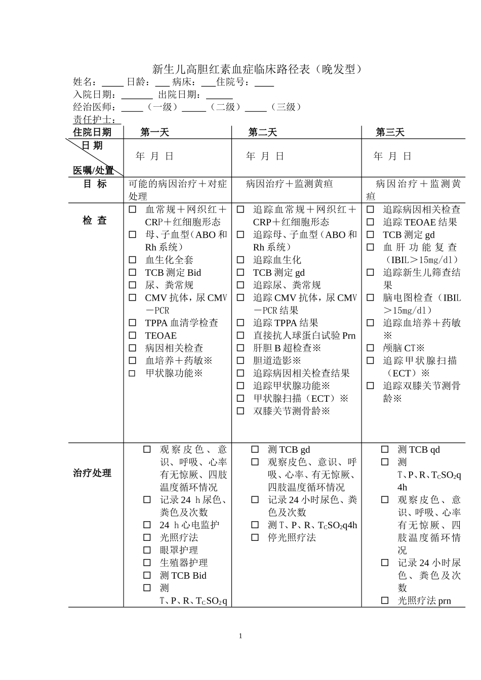 晚发性 新生儿高胆红素血症临床路径表_第1页