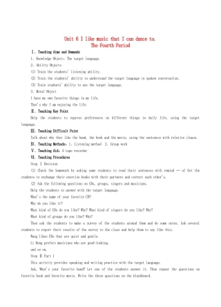 九年级英语全册 Unit 6 I like music that I can dance to The Fourth Period教案 人教新目标版