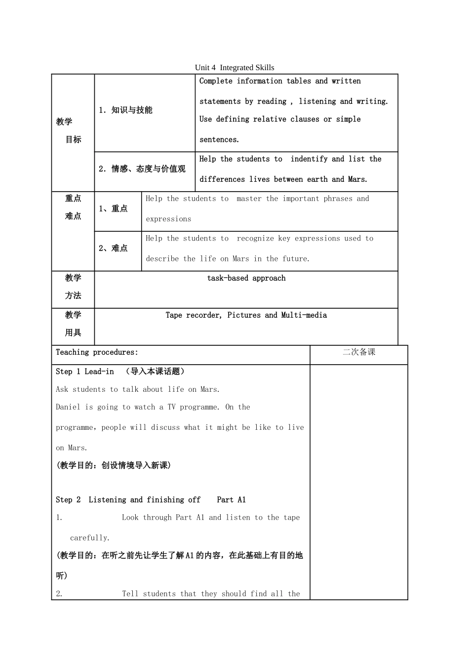 九年级英语下册 Unit 4 Life on Mars Integrated skills教学设计 （新版）牛津版-（新版）牛津版初中九年级下册英语教案_第1页