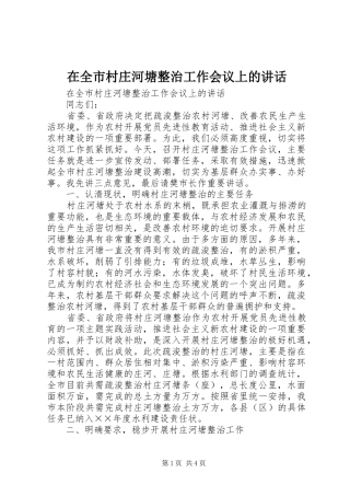 在全市村庄河塘整治工作会议上的讲话发言