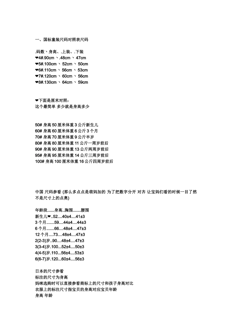 小孩子尺码对照_第2页