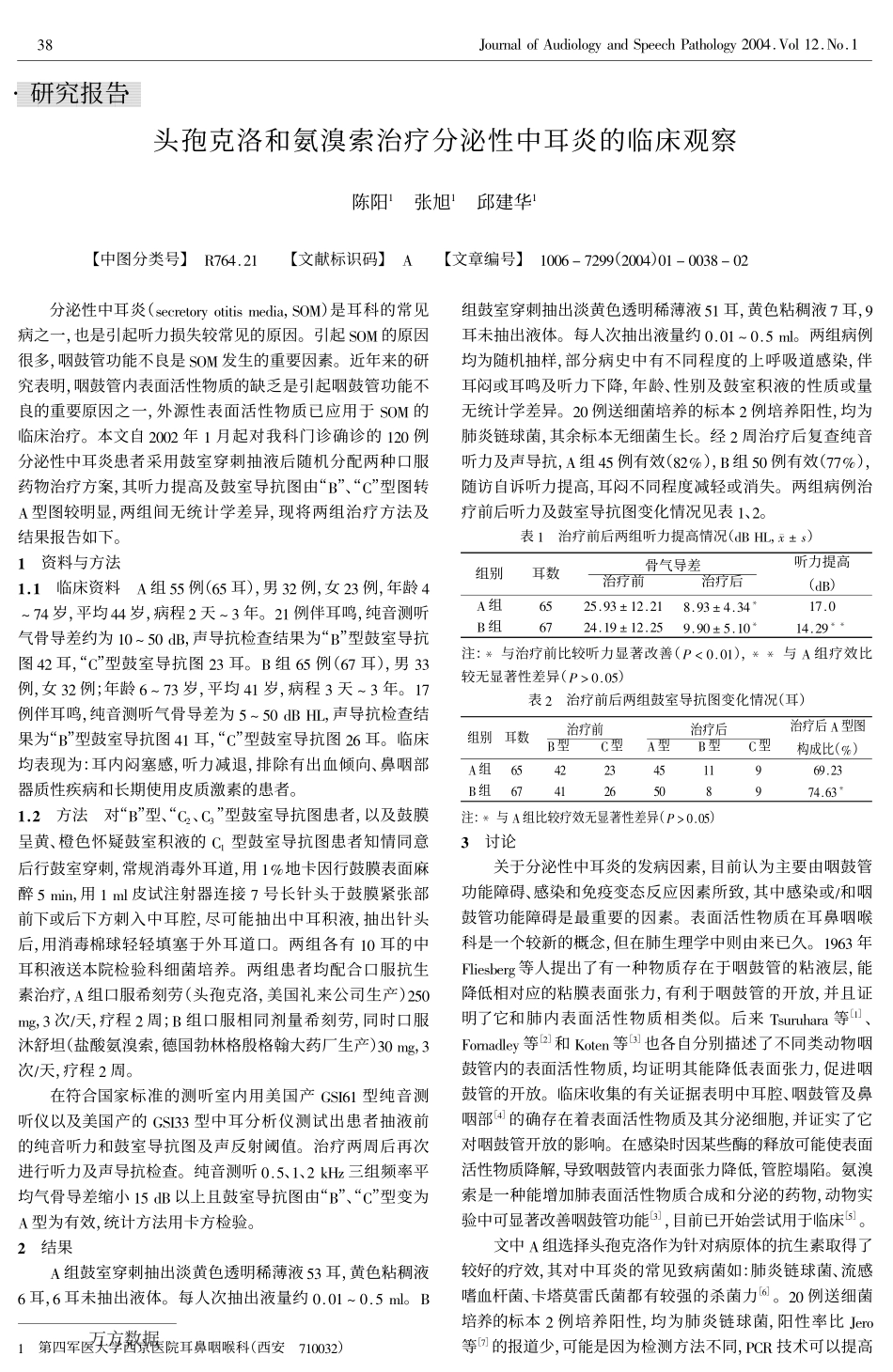 头孢克洛和氨溴索治疗分泌性中耳炎的临床观察_第1页