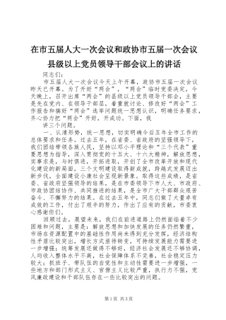 在市五届人大一次会议和政协市五届一次会议县级以上党员领导干部会议上的讲话发言