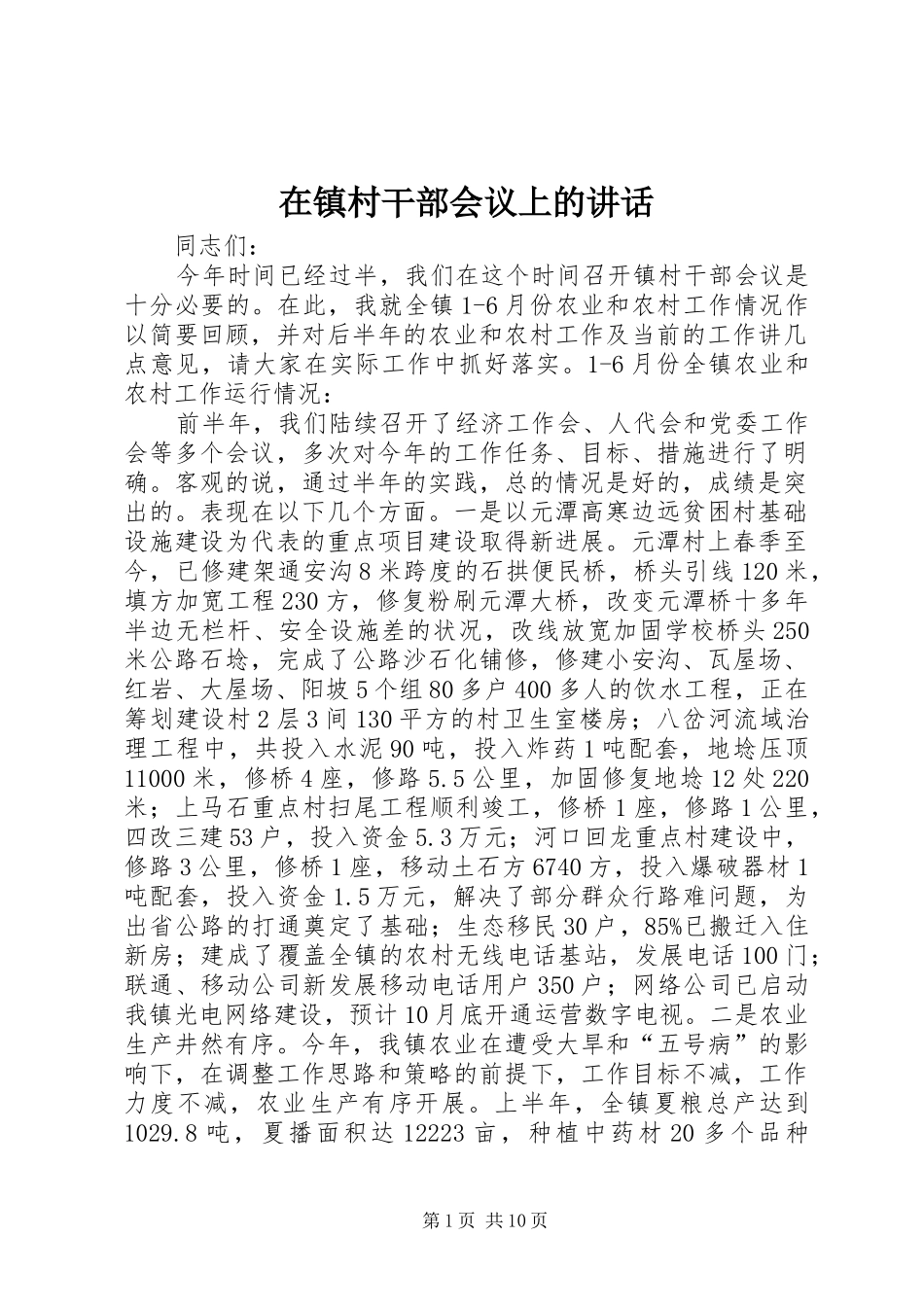 在镇村干部会议上的讲话发言_第1页