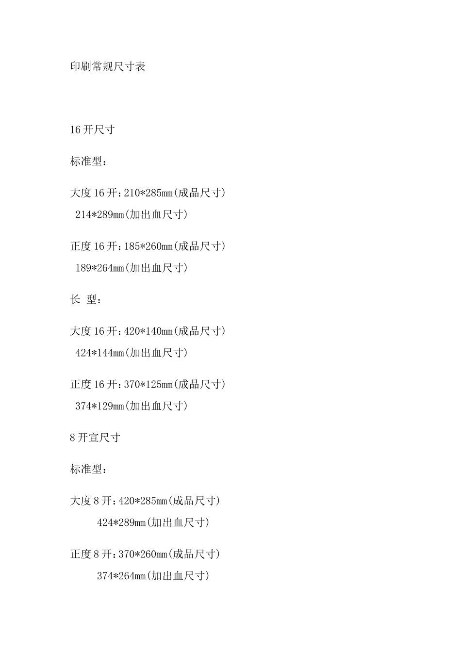 印刷常规尺寸表_第1页