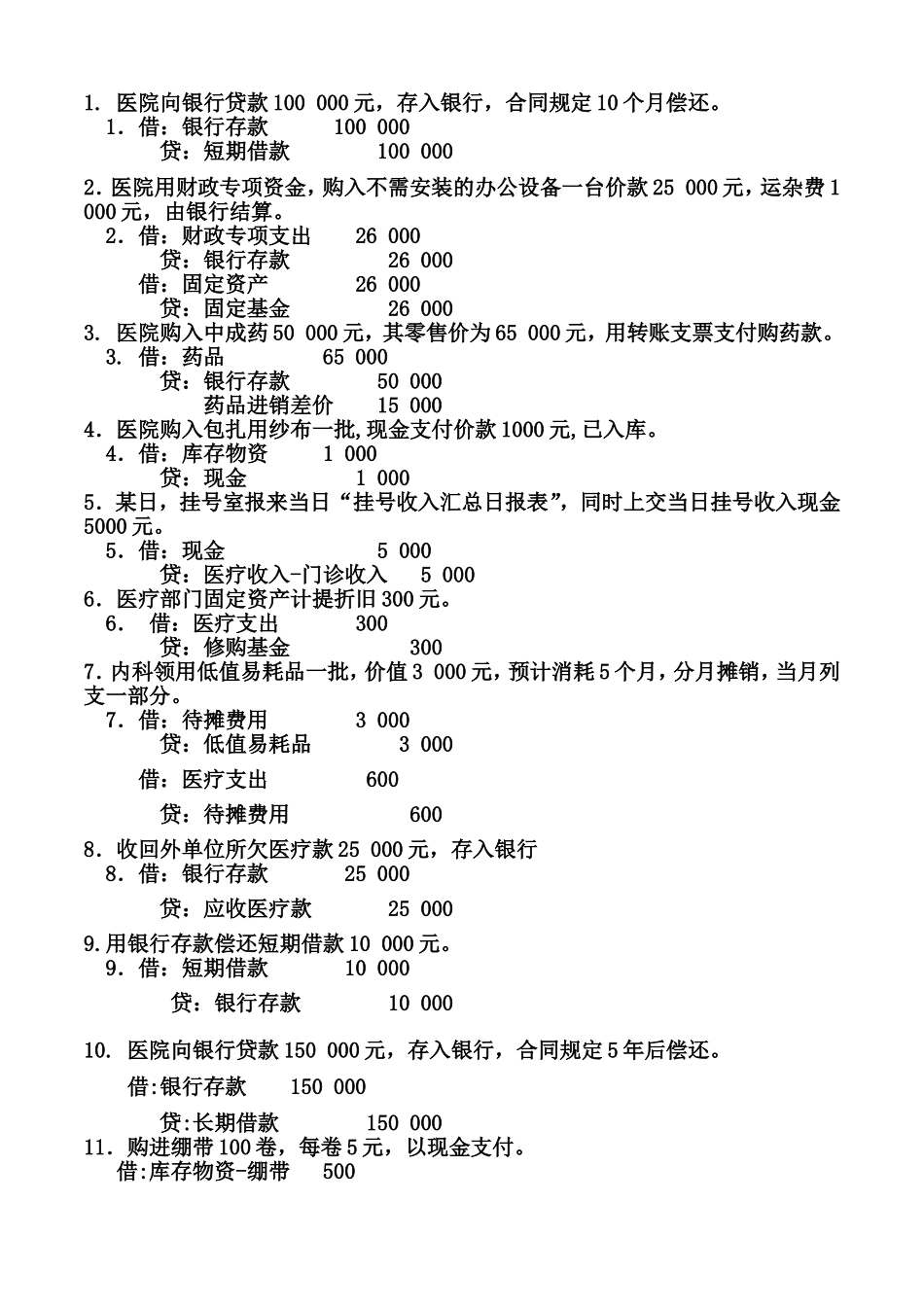 医院会计分录练习(含答案)_第1页
