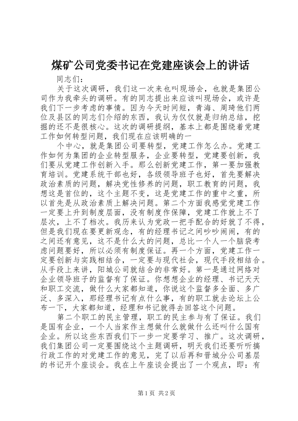 煤矿公司党委书记在党建座谈会上的讲话发言_第1页