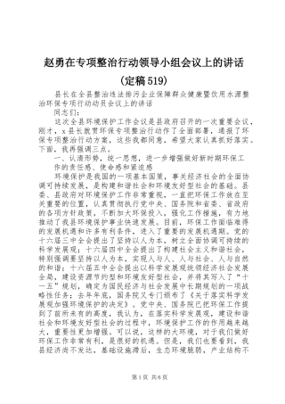 赵勇在专项整治行动领导小组会议上的讲话发言(定稿519)