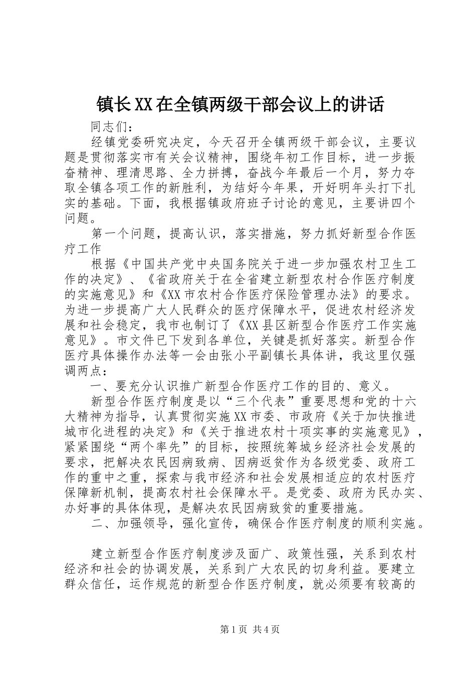镇长XX在全镇两级干部会议上的讲话发言_第1页
