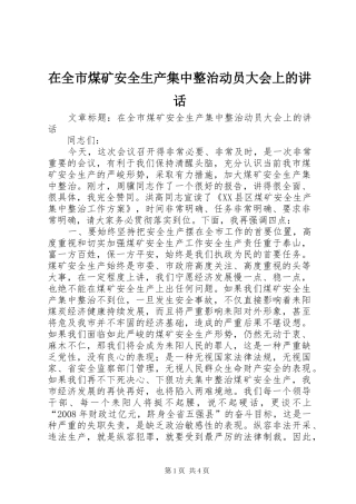 在全市煤矿安全生产集中整治动员大会上的讲话发言