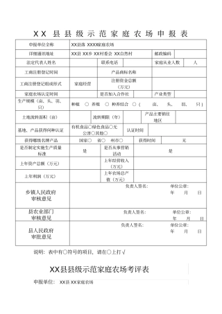 XX级示范家庭农场申报表
