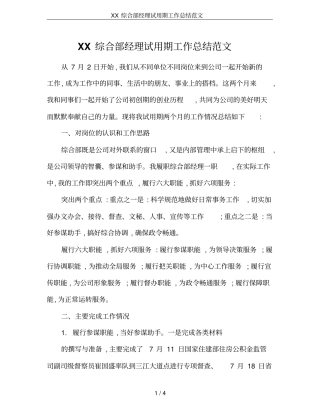 XX综合部经理试用期工作总结范文