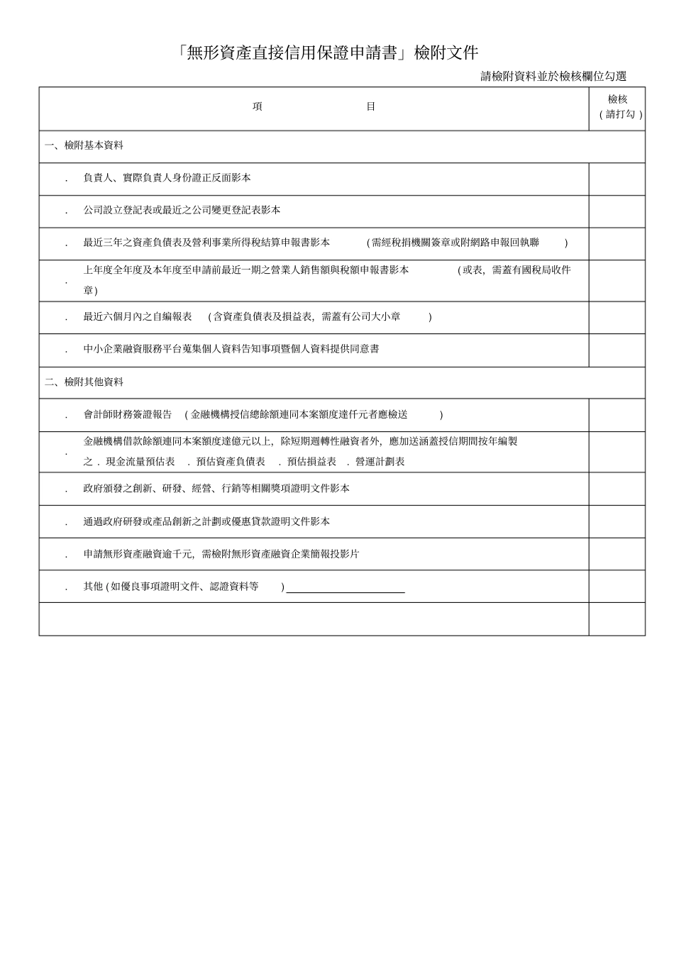 「无形资产直接信用保证申请书」检附文件_第1页