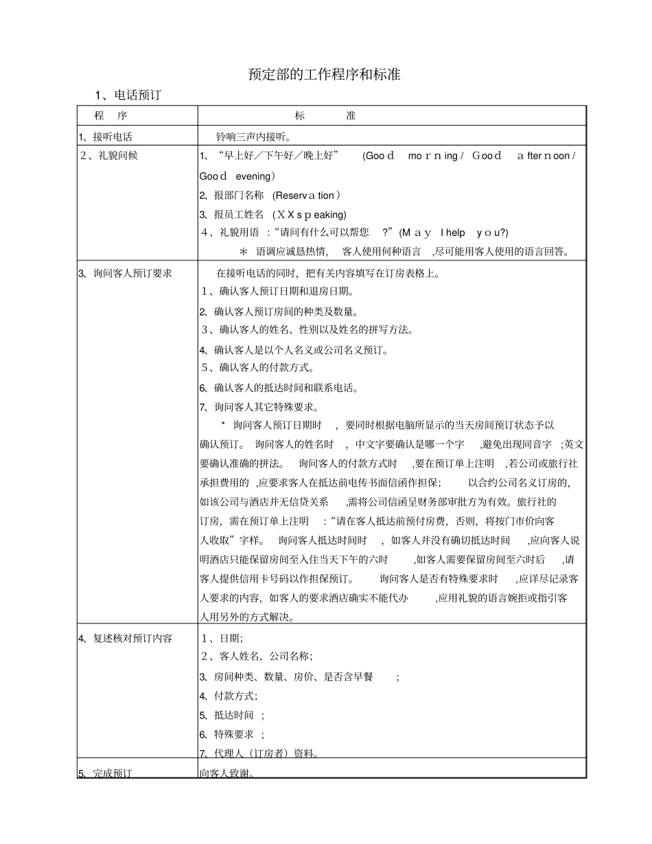 「预定部的工作程序和标准」_第1页