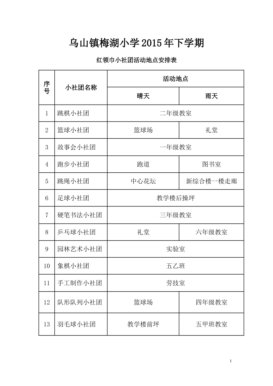红领巾小社团活动地点安排表_第1页