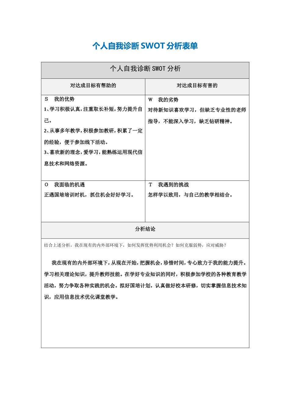 陈平---个人自我诊断SWOT分析表_第1页