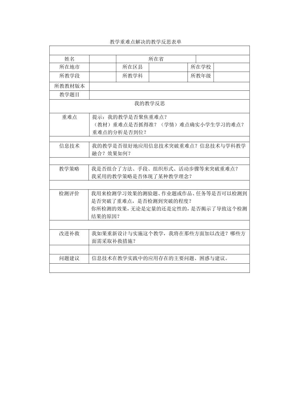 第五阶段教学重难点解决的教学反思表单_第1页