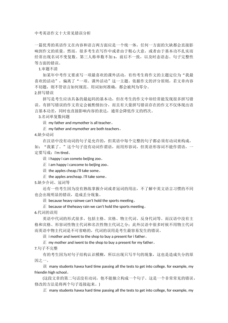 中考英语作文十大常见错误分析_第1页