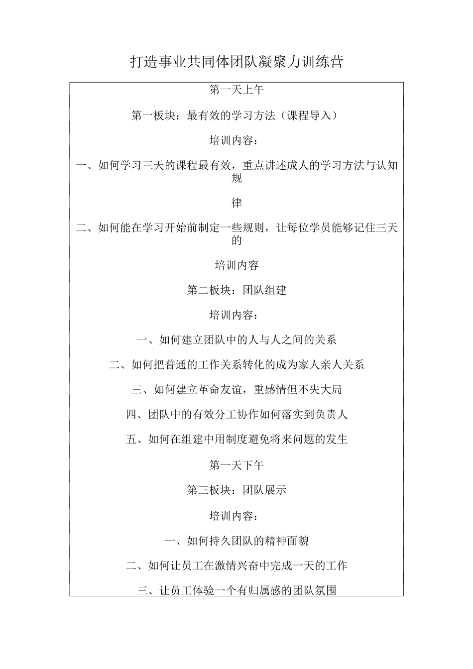 团队凝聚力培训方案(3天)打造事业共同体 团队凝聚力训练营_第1页