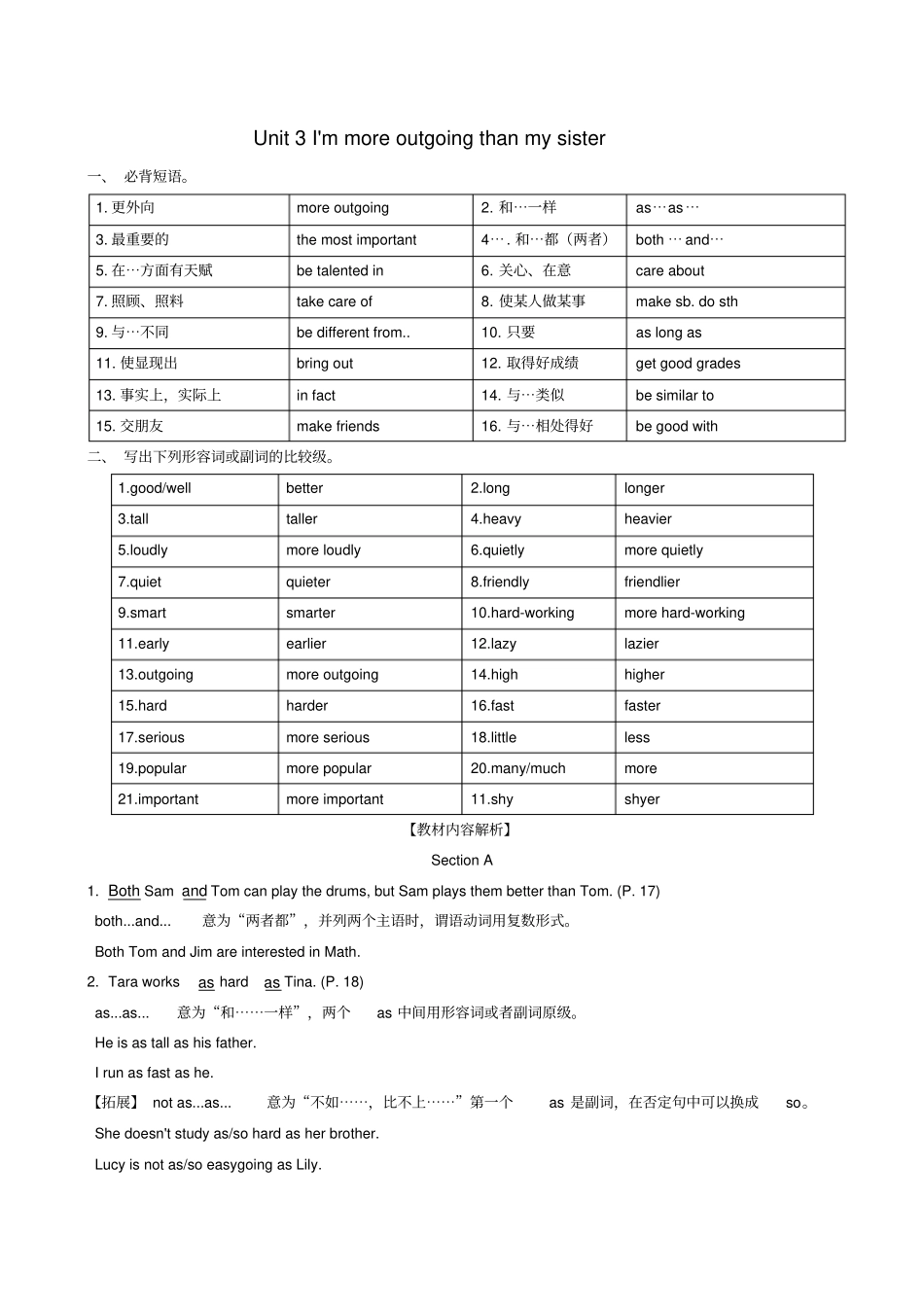 【人教新目标版】八年级英语上册Unit3Ix27mmoreoutgoingthanmysister短语语法知识点汇总_第1页