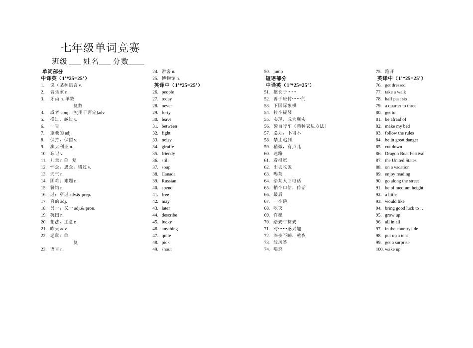 七年级单词检测_第1页