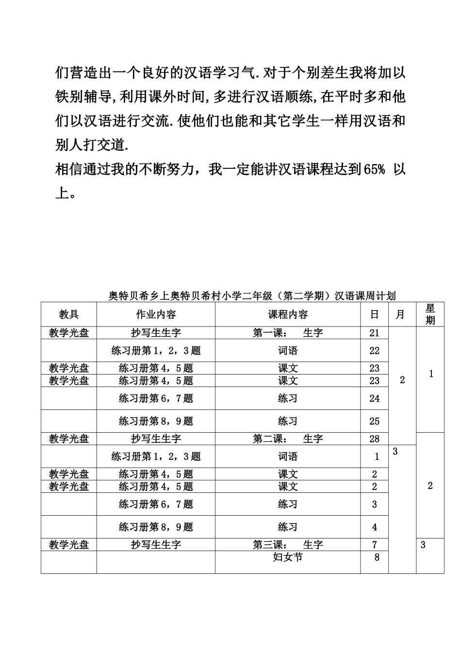 二年级下册汉语课教学计划_第3页