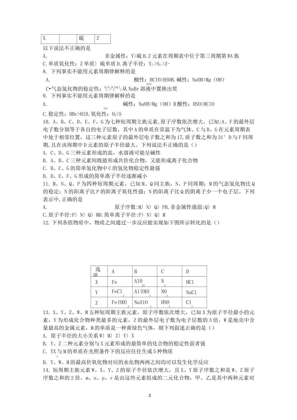 高三化学选择题【元素周期律】_第2页