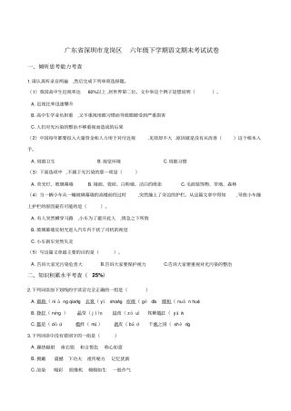 【人教新课标】广东深圳龙岗区六年级下册语文期末试卷含答案