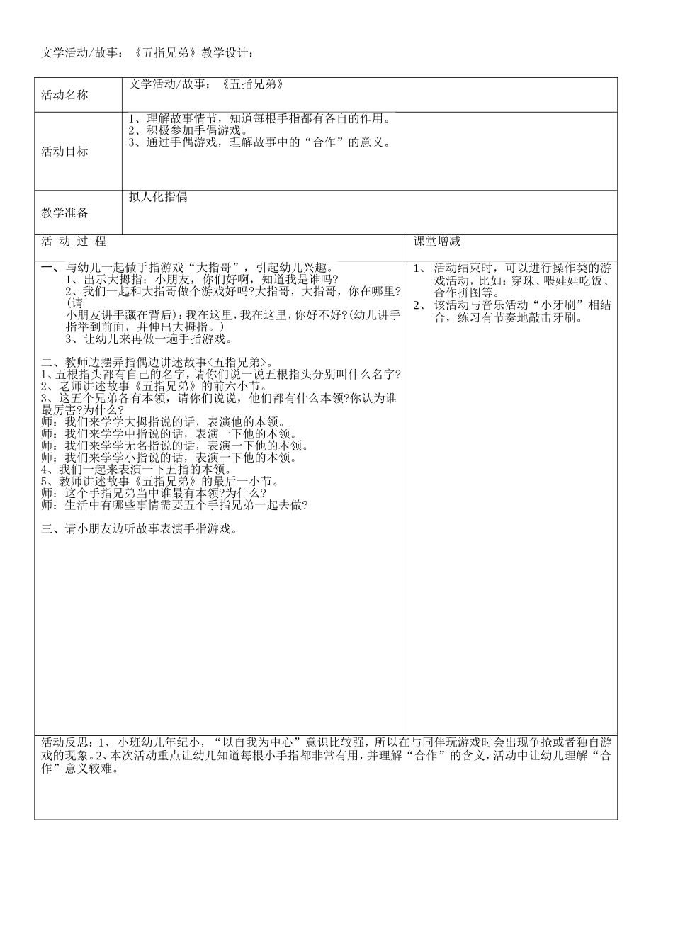 文学活动故事：《五指兄弟》教学设计_第1页