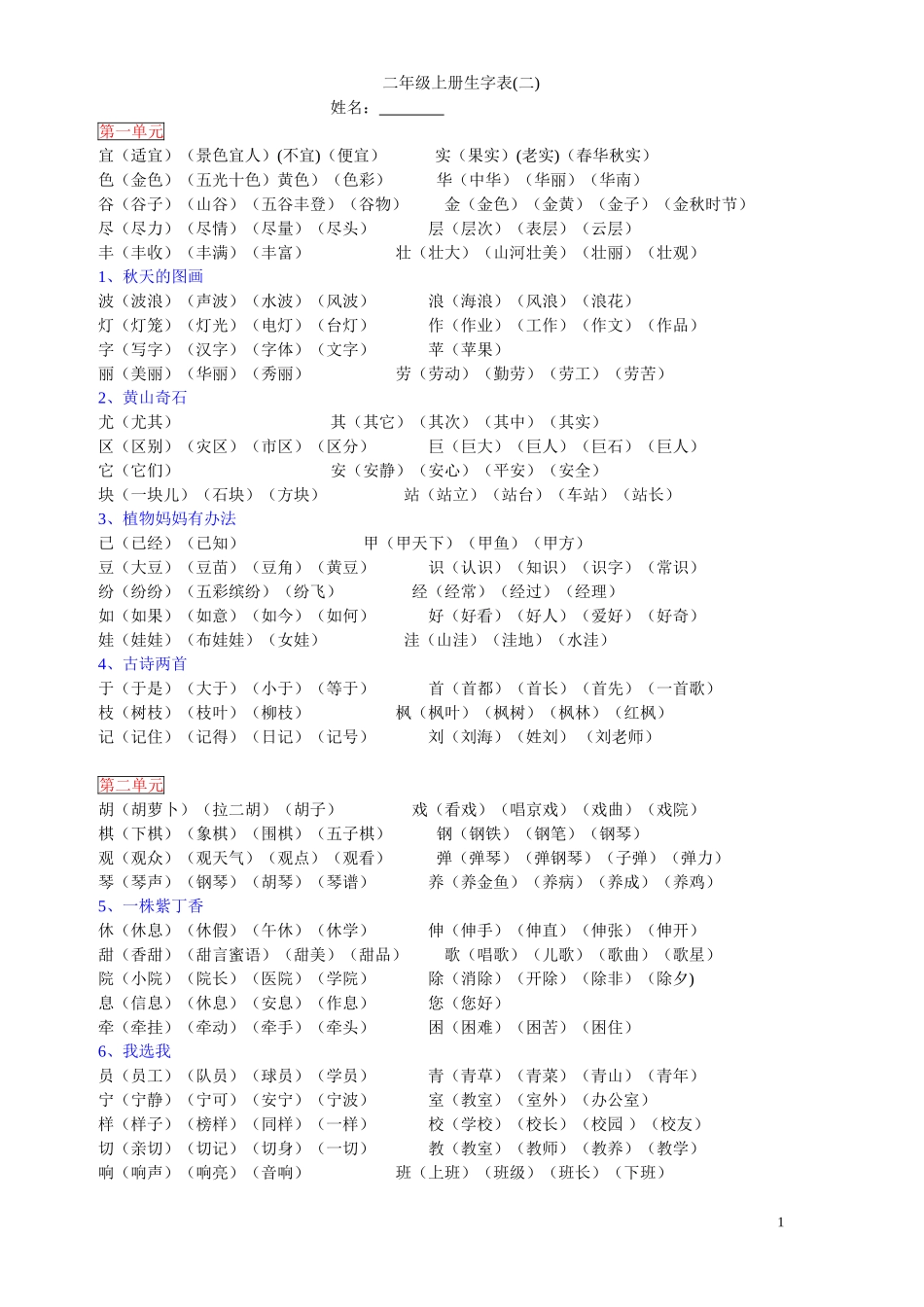 人教版语文二年级上册生字表二生字组词__第1页