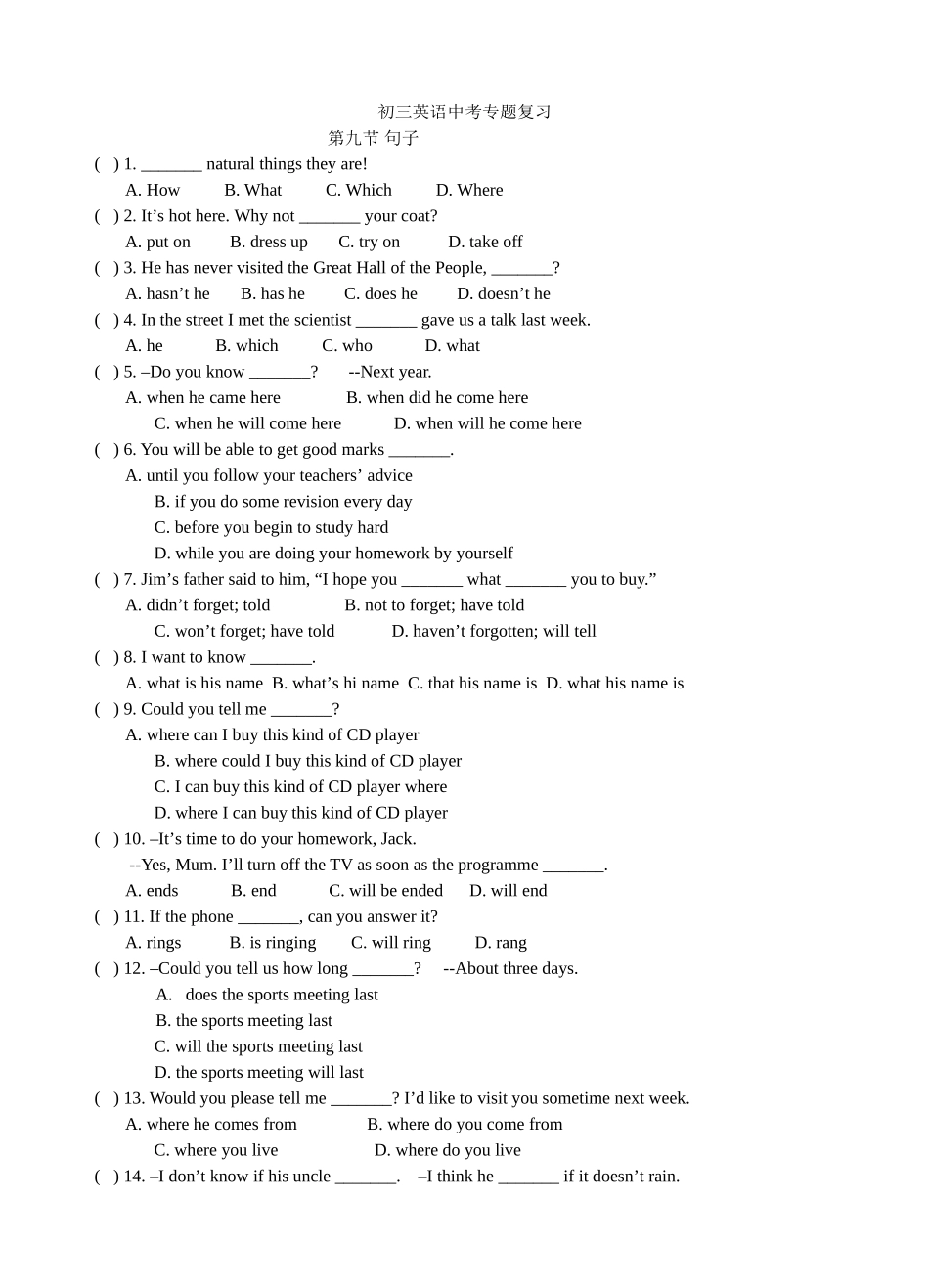 初三英语中考专题复习(句子)_第1页