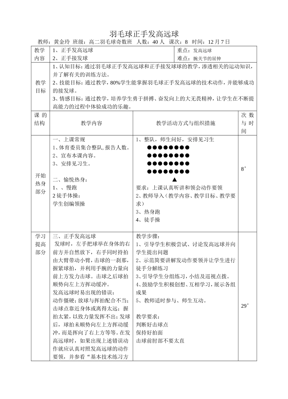 黄金玲教案羽毛球正手发高远球_第1页