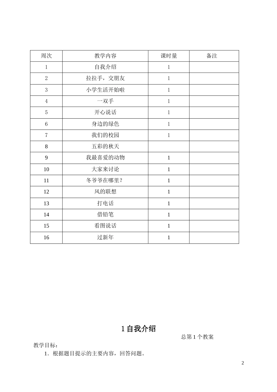 一上说话教学计划教案_第2页