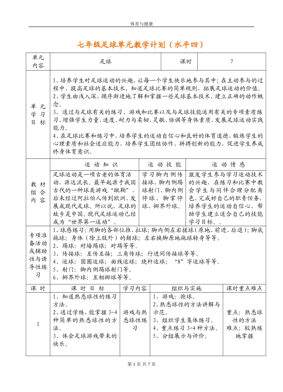 市大赛足球单元计划，教学设计，教案_第1页