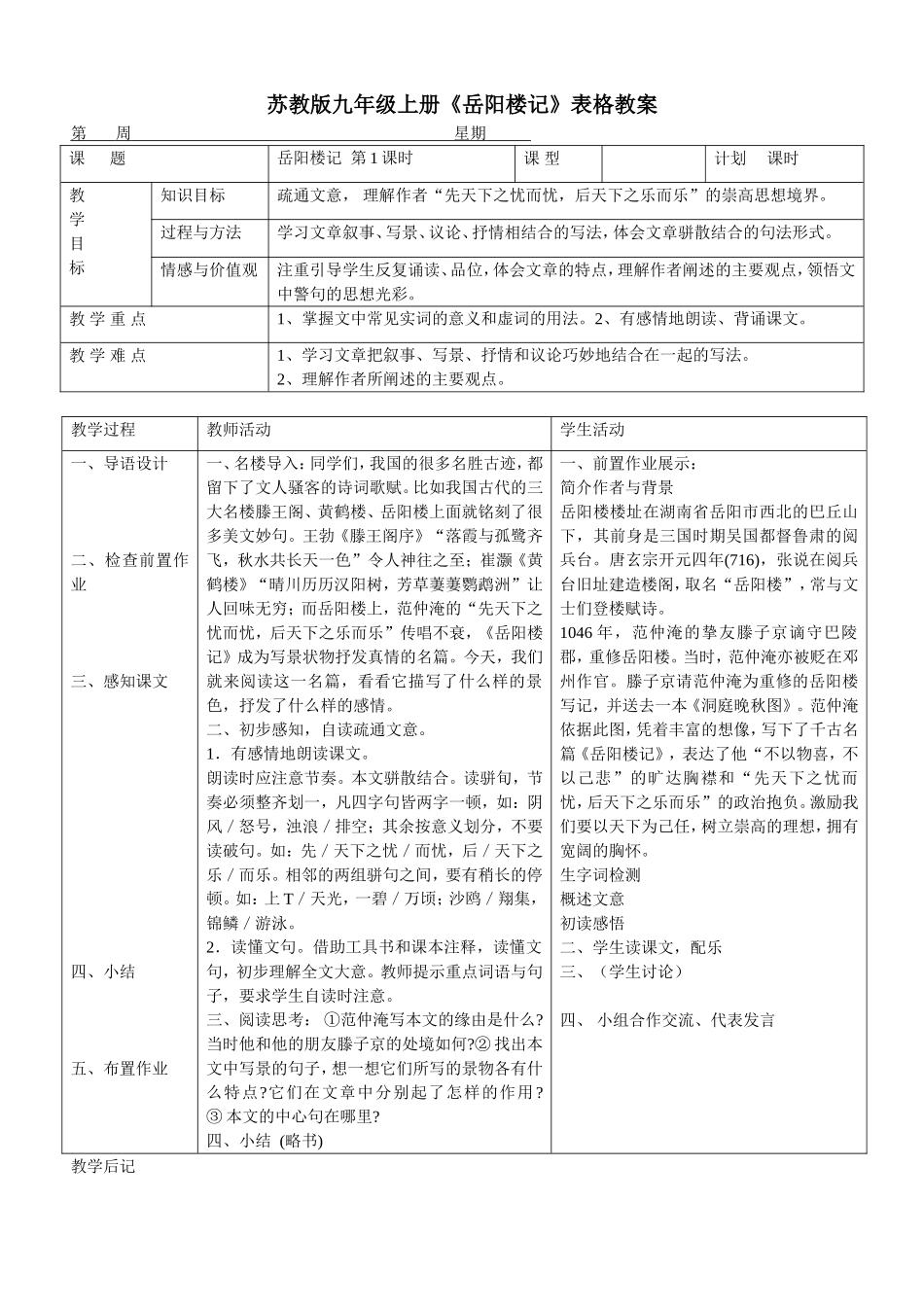 苏教版九年级上册《岳阳楼记》表格教案_第1页
