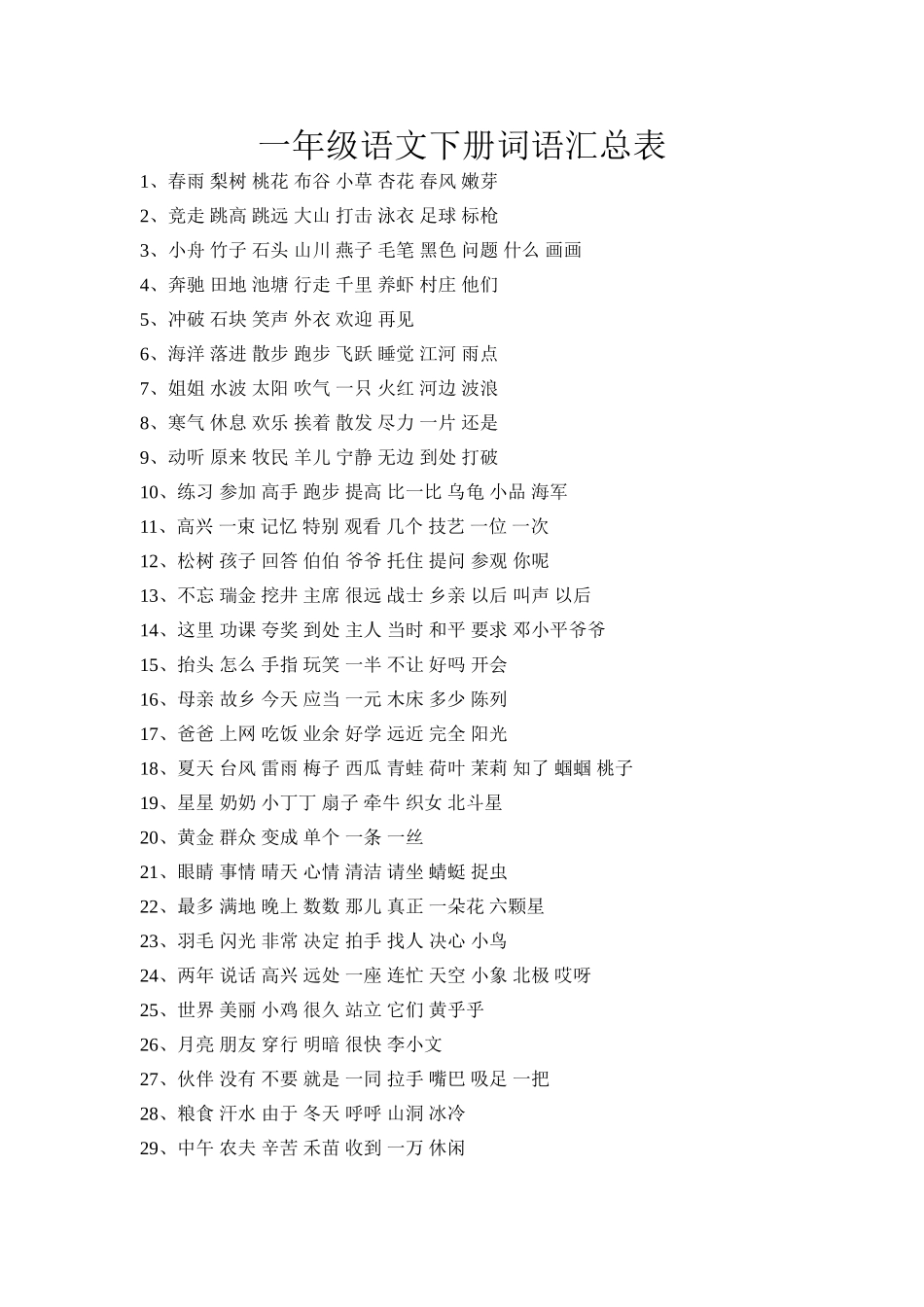 一年级语文下册词语汇总表_第1页